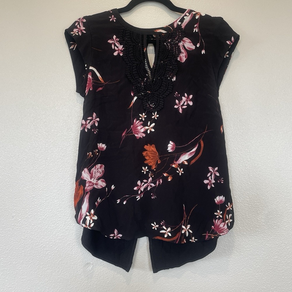 Daniel Rainn‎ Quin Black Floral & Lace Cap Sleeve Split Back Rayon Women's XS
